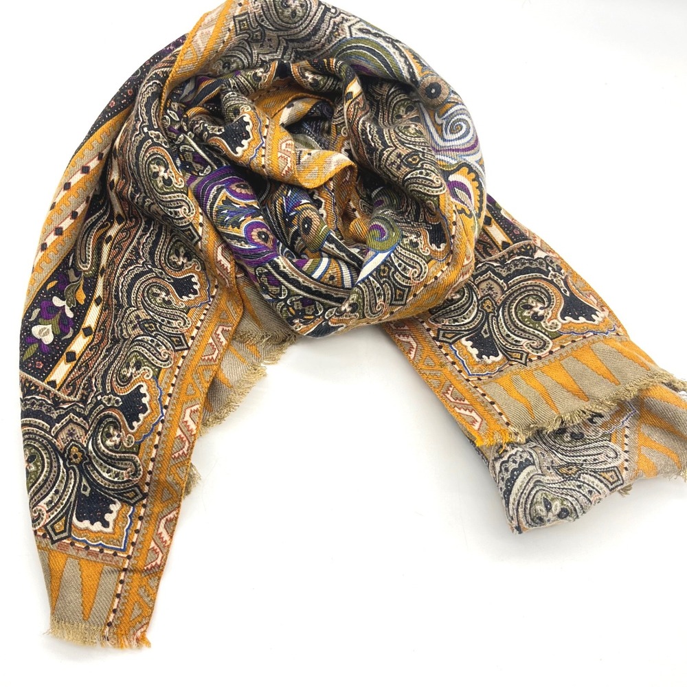 Etro Milano Paisley Scarf Yellow Purple Wool Silk Cashmere Blend Italy READ